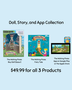 Gasur (Boy) Doll, The Wishing Pixies Fairy Tale Book, and the Wishing Pixies App